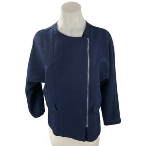 OFB Womens Navy Blue Linen Long Sleeve Asymmetrical Full Zip Moto Coat Jacket S